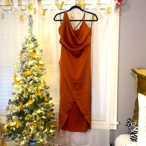 Misguided Rust Satin Drape Midi Dress
